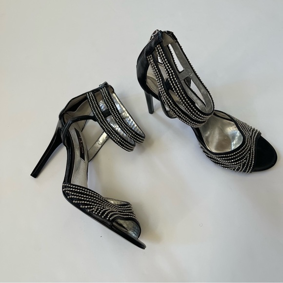 Black Rhinestone Embellished Open-toe Strappy Stiletto Heels - Picture 5 of 13